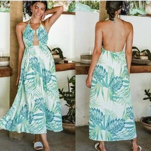 CUPSHE GREEN TROPICAL LEAF PRINT CUT OUT HALTER BACKLESS DRESS COVER UP SIZE XL